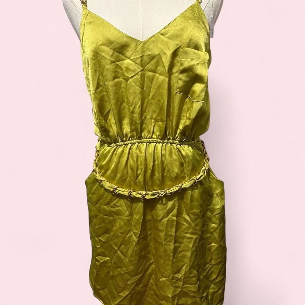 2B bebe Chartreuse Satin Chain Detail Mini Dress